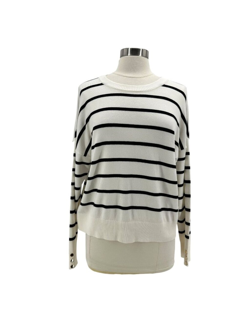 NEW Nikka K Womens XL Sweater Striped White Black Long Sleeve Knit Preppy Emo